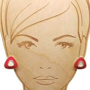 Vintage Gold Tone & Red Triangle Stud Earrings with Scalloped Center Design